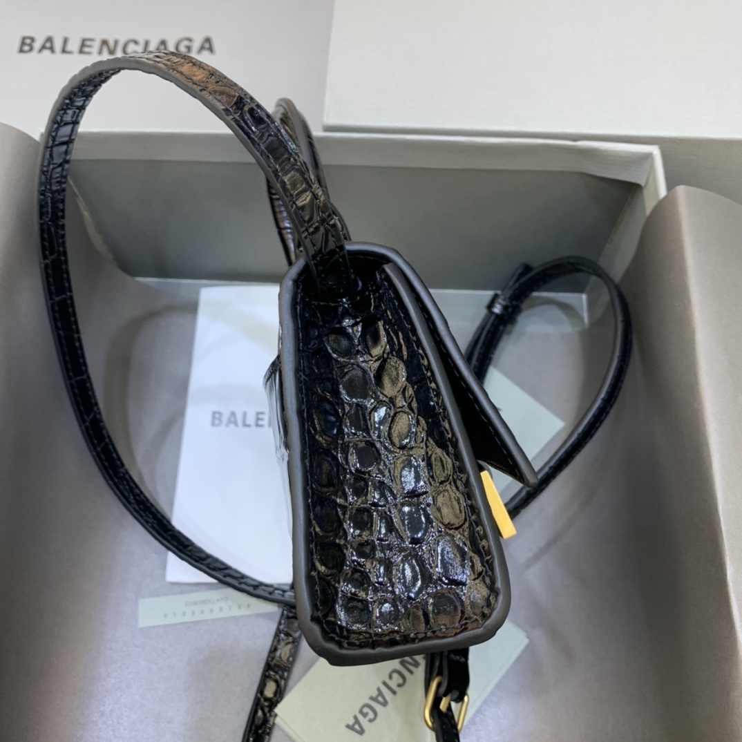 Balenciaga Hourglass Mini Handbag Crocodile Embossed Shoulder Bag Black 